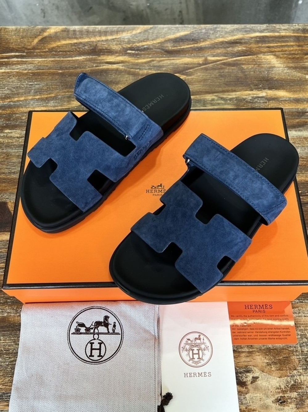 Hermes Blue Celesta Suede Men's Chypre Sandals - Picture 2 of 5